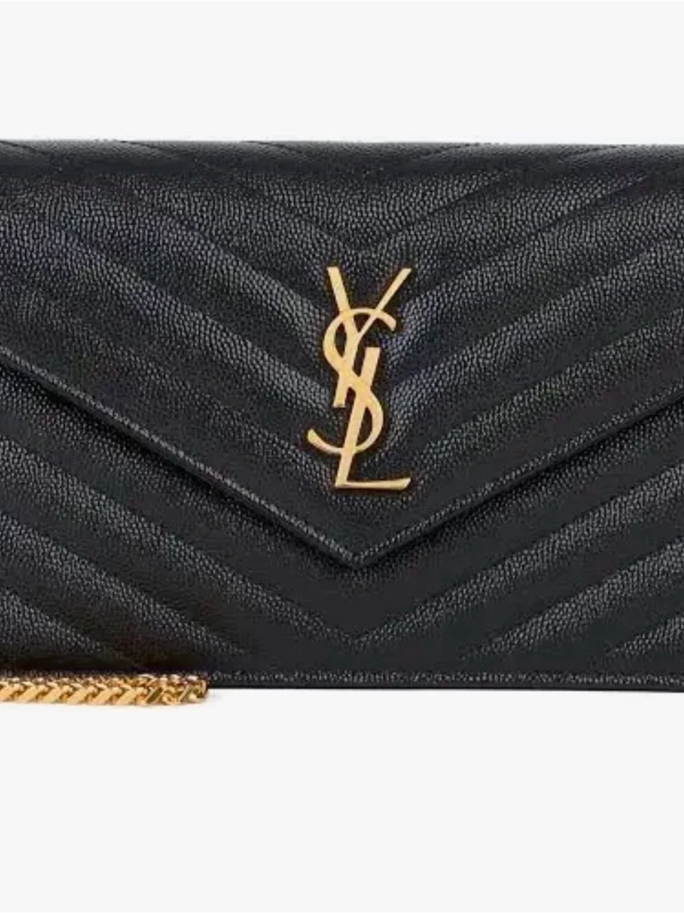Saint Laurent Black Quilted Leather Envelope Chain Wallet with Gold YSL